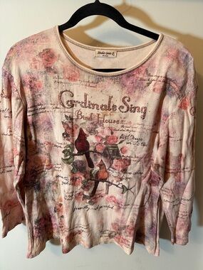 Studio Gem Pink Floral 'Cardinals Sing' Long Sleeve Graphic Tee
